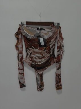 PrettyLittleThing Brown Swirl Mesh Long Sleeve Bodysuit with Ruffle Neck